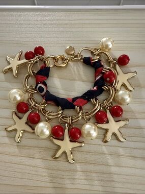 Milly Gold Starfish Charm Bracelet with Red Beads and Pearl Accents